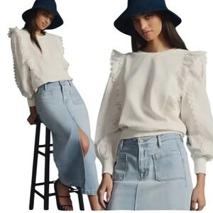 ANTHROPOLOGIE Ruffle Eyelet Long Sleeve Heavy Thick Cotton Shirt Size S